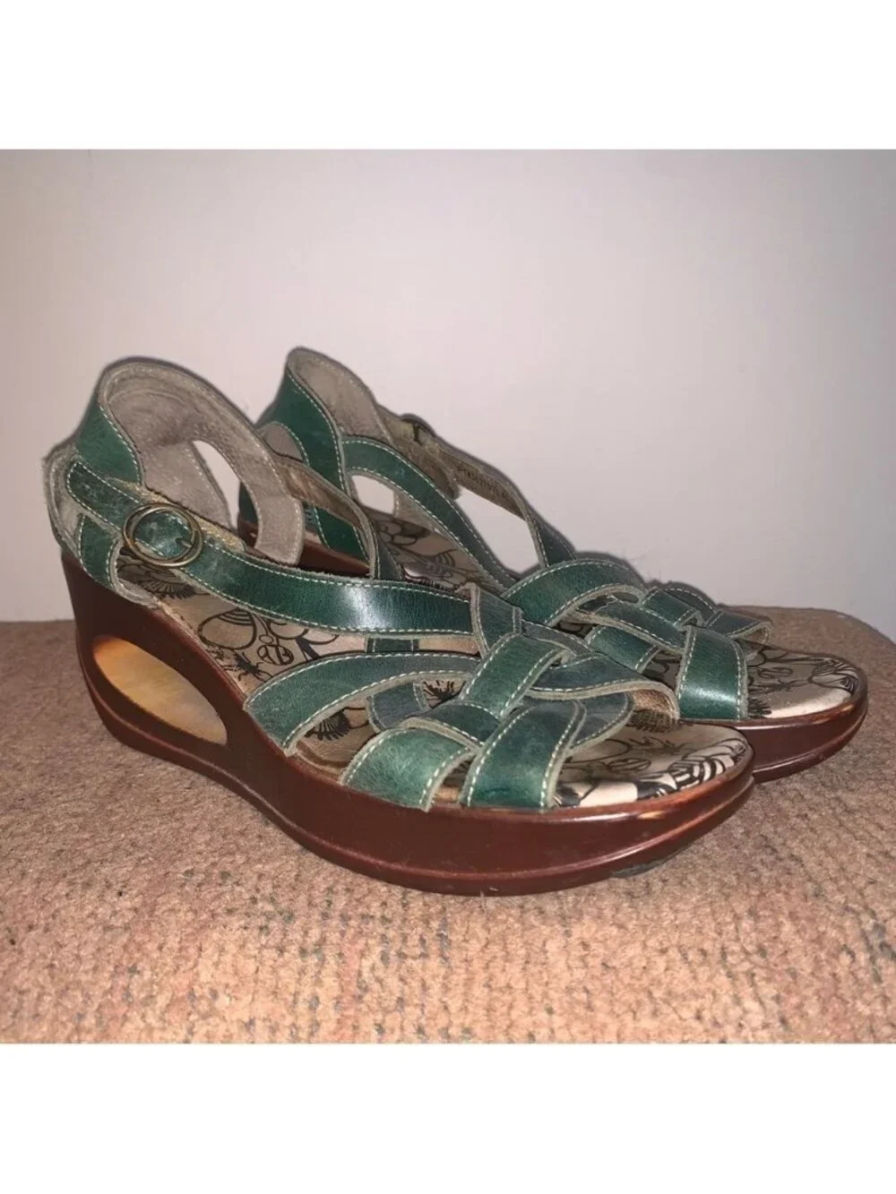 Fly London Teal Leather Wedge Sandals